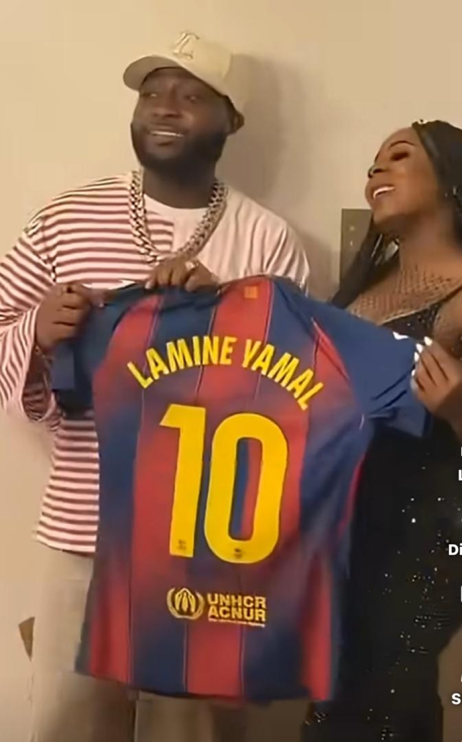 YAMAL’S MOTHER SPARKS EXCITEMENT WHEN SHE GIFTED BARCELONA T-SHIRT WITH YAMALS NUMBER TO DAVIDO